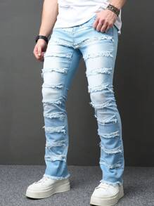 Manfinity Roghcode Men's Casual Denim Jeans With Pockets And Frayed Details - Blue - View 3