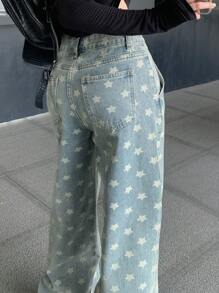 DAZY Loose Casual Women's Star Print Wide Leg Loose Pocket Jeans Y2k