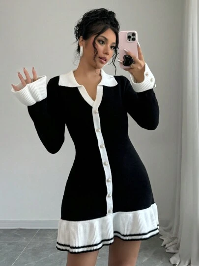 Selianne 女士休闲撞色荷叶边纽扣缀饰针织毛衣连衣裙，秋冬