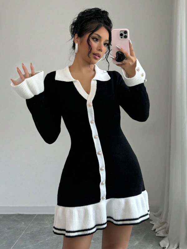 Elenzga Women's Casual Color-Blocking Ruffle Trim Button Embellished Knitted Sweater Dress, Autumn Winter
