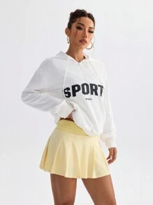 Easithlete Áo nỉ rộng rãi có mũ trùm đầu in chữ có dây rút dành cho nữ - Màu be - Xem 2