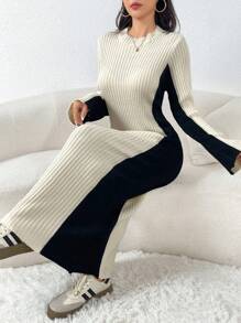 Mulvari Women's Autumn/Winter Crew Neck Long Sleeve Colorblock Ribbed Long Knitted Sweater Dress