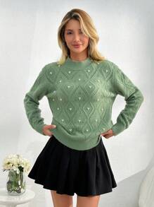 EURMUSE Mock Neck Faux Pearl Detail Pointelle Knit Sweater - Green - View 3