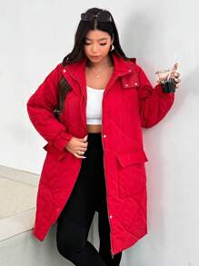 Flirla Plus Size Casual Patchwork Fluffy Hooded Drawstring Waist Padded Coat, Winter - Burgundy - View 7