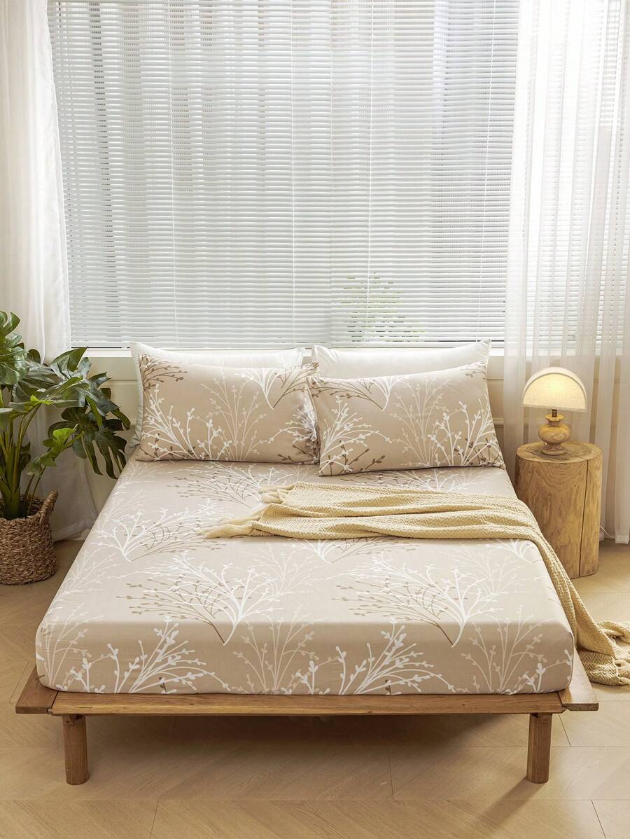 3pcs /Set Khaki Leaf Branch Flower Pattern Fitted Sheet Set Without Filler, Fitted Sheet Set For Bedroom Brushed Microfiber Breathable Comfortable 1pc Mattress Cover With 2pcs Pillowcase, Bed Cover Set King Queen Full Twin SizeFitted Sheet Set For Bedroom Brushed Microfiber Breathable Comfortable Sheet Bedspread Deep Pocket Up To 11.8 Inch Breathable Wrinkle-Free Better For Sleep, Machine Washable Domitory Bedding Back School Bedding - Khaki - View 1