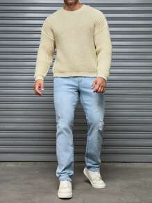 Manfinity Homme Men's Light Peach Casual Long Sleeve Crew Neck Sweater - Apricot - View 3