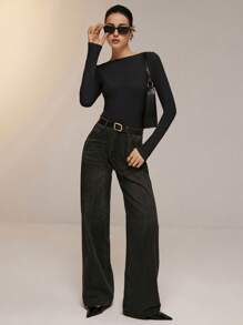 Poéselle Mono de unicolor con espalda descubierta, manga larga y cuello elegante para mujer, primavera otoño - Negro - Ver 2