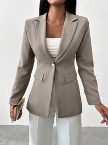 EURMUSE Women's Solid Color Single-Button Elegant Long Sleeve Blazer - Light Grey - View 3