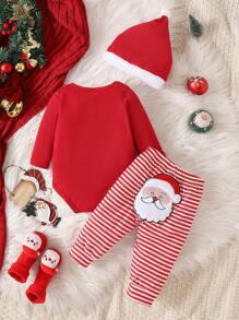 SHEIN Playful Pals 3pcs Christmas Outfit For Baby Boy - Santa Claus Embroidery Design, Casual