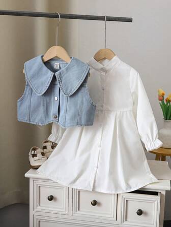 SHEIN 年轻女孩两件套：百搭牛仔背心和长袖荷叶边领连衣裙，适合秋季、冬季、休闲、学校、野餐、家庭聚会、街头穿着