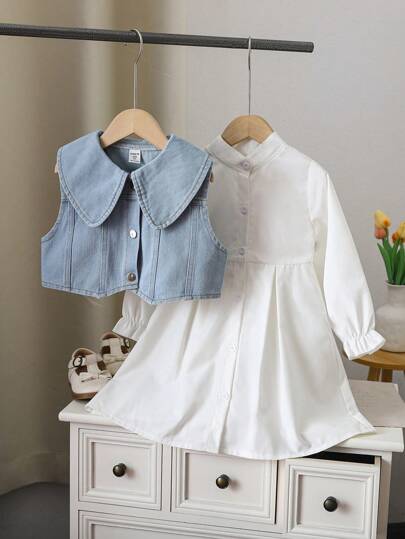 SHEIN 年轻女孩两件套：百搭牛仔背心和长袖荷叶边领连衣裙，适合秋季、冬季、休闲、学校、野餐、家庭聚会、街头穿着