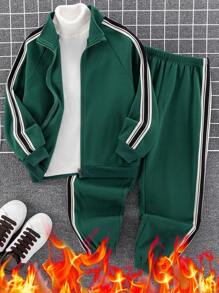 SHEIN 2pcs Kids/Tween Boys Christmas Green Casual Varsity Stripe Trimmed Stand Collar Cardigan & Solid Ribbed Cuff Pants Knit Set - Multicolor - View 3