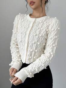 Chiquease Women's Solid Color Simple Casual Round Ball Decor Cardigan Fall Cloth For Women - White - View 4