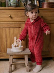 SHEIN Mono con capucha de animal cálido con cremallera y manga larga para bebé niño, para otoño/invierno - Rojo - Ver 5