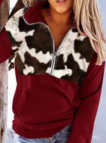 INAWLY Áo sweatshirt nữ tay dài phối họa tiết bò sữa tương phản, kiểu dáng thường ngày, thích hợp mặc mùa thu đông. - Màu Đỏ Sâu - Xem 1