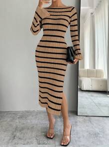 Chiquease Vestido de punto con abertura con mangas acampanadas a rayas para mujer