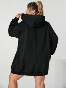 SHEIN CURVE+ 加大码樱桃印花长款卫衣（带口袋），休闲可爱 - 黑色 - 查看 2