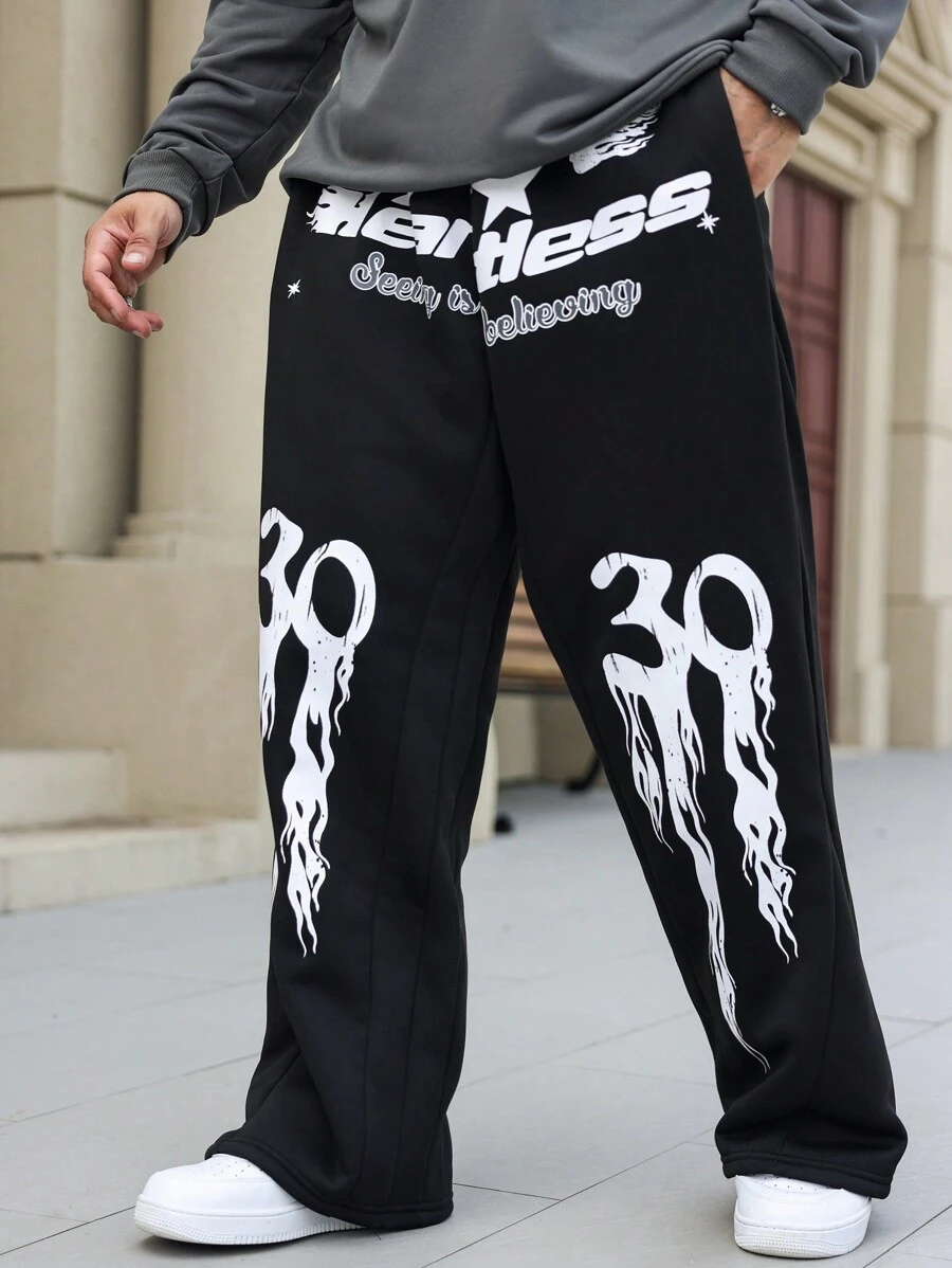 Manfinity LEGND Plus Size Men's Casual Sweatpants With Letter & Graphic Print And Pockets