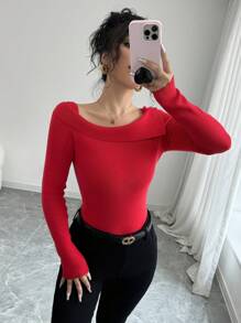 Chiquease Elegant French Style Solid Color Asymmetrical Neck Fitted Sweater, Autumn, Knit Pullover Fall Winter - Red - View 7
