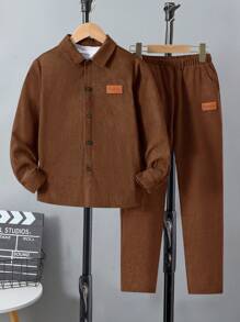 SHEIN Tween Boy Solid Color Cardigan Collar Top & Solid Color Pants, Fall (10), Winter (5), Brown 2 Pieces Set - Brown - View 4