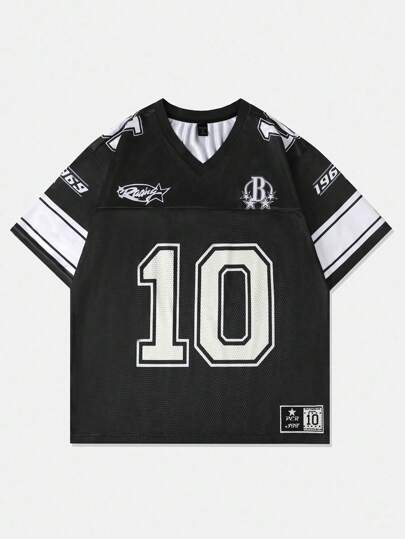 ROMWE MEN Prep Camiseta de manga corta tipo jersey deportivo de fútbol para hombre, de verano