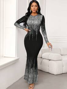 SHEIN Lady Women's Black Sequin Print Long Dress For Party - Silver - View 6