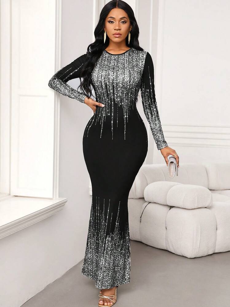 SHEIN Lady Women's Black Sequin Print Long Dress For Party | SHEIN USA