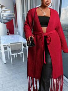 Slaydiva Veste d'hiver pour femmes grande taille, couleur unie, avec nœud papillon et manches à franges, couleur bordeaux - Rouge foncé - Voir 2