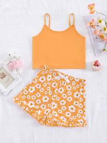 SHEIN Bộ đồ ngủ thường ngày in họa tiết hoa và áo hai dây thanh lịch tối giản cho bé gái tuổi mới lớn, 2 món/bộ (Trang phục đôi cho mẹ và bé được bán riêng) - Màu Cam cháy - Xem 2