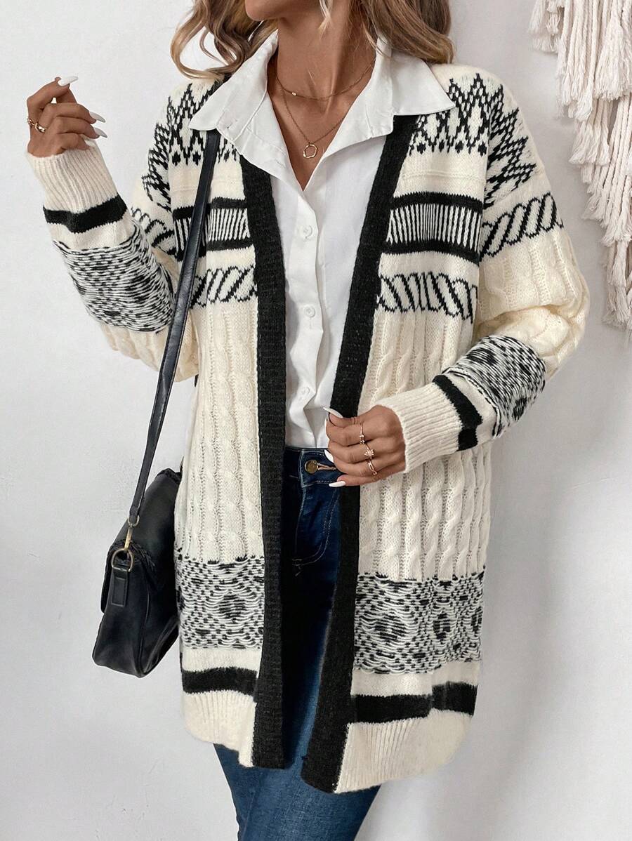 SHEIN Clasi Retro Oversized Color Block Jacquard Knit Cardigan Sweater
