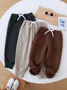 SHEIN Leap Crew 3pcs Young Boy Casual Cute Daily Comfortable Loose Khaki Brown Gray Triplet Drawstring Sweatpants Outfit, Buy 2 Get 1 Free, Suitable For Travel, School, Gatherings, Autumn-Winter - Multicolor - View 1