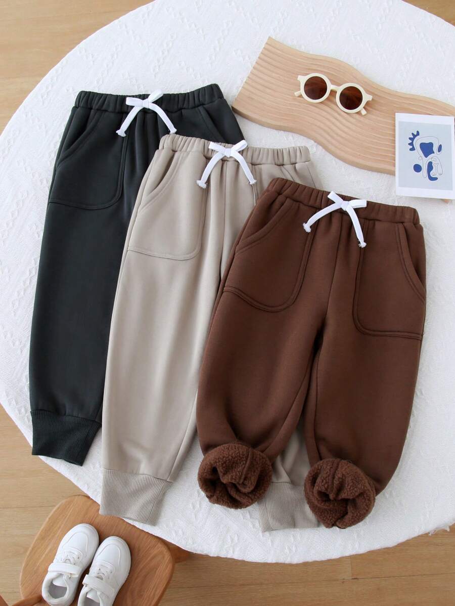 SHEIN Leap Crew 3pcs Young Boy Casual Cute Daily Comfortable Loose Khaki Brown Gray Triplet Drawstring Sweatpants Outfit, Buy 2 Get 1 Free, Suitable For Travel, School, Gatherings, Autumn-Winter - Multicolor - View 1