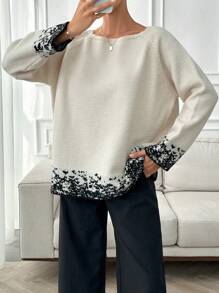 EURMUSE Áo len dày cổ cao họa tiết jacquard cho nữ mùa đông - Màu be - Xem 4