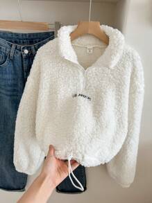 SHEIN Leap Crew Teen Girls White Stand Collar Zipper Thermal Lined Warm Pullover Sweatshirt,In Fall/Winter - White - View 6