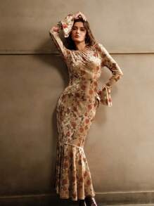 Anewsta Vestido largo de manga larga con estampado de rosa de terciopelo tipo sirena para mujeres, atuendo de mujer maxi