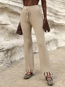 Aveloria High Waisted Belted Wide Leg Ripped Detail Relaxed Fit Women's Knit Pants