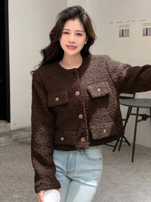 DAZY Women's Short Winter Round Neck Long Sleeve Faux Jacket,Fall Women Clothes