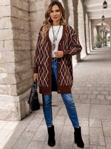 EMERY ROSE Women's Argyle Pattern Drop Shoulder Oversized Long Cardigan Sweater Women Cardigans Women Sweaters - Multicolor - View 3