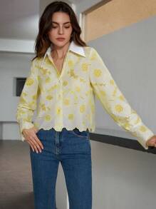 Aveloria Rosie Color Block Shirt, Pointed Collar, Random Sunflower Embroidered, Elegant Design Blouse