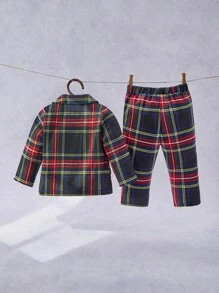 SHEIN 2pcs/Set Vintage British Style Baby Boys Formal Suit Set, Including Long Sleeve Plaid Blazer Jacket And Loose Shorts, Classy Red-Green Tartan Pattern, Suitable For Parties, Weddings, Birthday, Performances, School Events And Other Formal Occasions, For Christmas