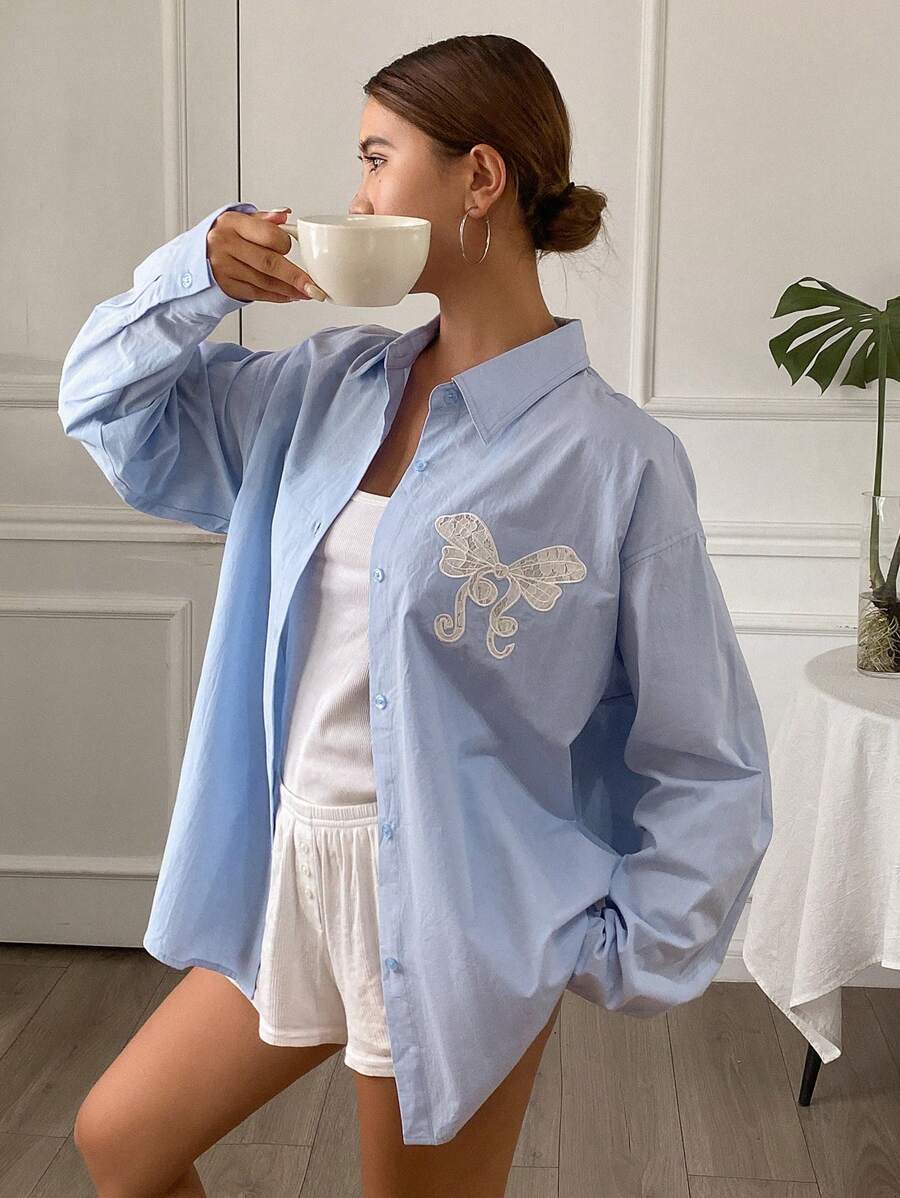 DAZY Áo sơ mi dài tay cổ nơ rộng rãi thoải mái cho nữ, Quần áo mùa thu - Màu xanh lam - Xem 1