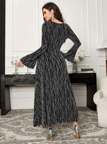 Modelyn Women's Elegant Long Dress, Square Neck, Bell Sleeves, Allover Print, Spring Autumn Long Evening Dresses - Black - View 2