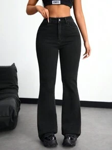 Women's Casual Flared Jeans With Slanted Pockets, Autumn - Black - View 5