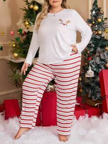 加大码圣诞鹿条纹长袖上衣和裤子睡衣套装，秋冬服装 - 彩色 - 查看 5