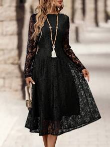 EMERY ROSE 女士优雅收腰 A 字形蕾丝连衣裙，秋季 - 黑色 - 查看 5