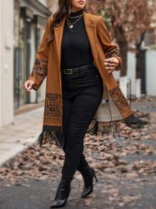 SHEIN LUNE Plus Size Women Geometric Pattern Lapel Collar Fringe Hem Overcoat, Fall Clothes, For Winter Autumn - Brown - View 5