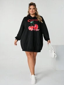 SHEIN CURVE+ 加大码樱桃印花长款卫衣（带口袋），休闲可爱 - 黑色 - 查看 3