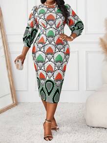 SHEIN Lady Autumn And Winter Elegant Colorful Knitted Round Neck Straight Three Quarter Length Sleeve Plus Size Dresses - Multicolor - View 3