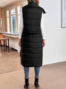 SHEIN LUNE Women's Solid Color Sleeveless Zip-Up Padded Coat With Pockets - Black - View 5