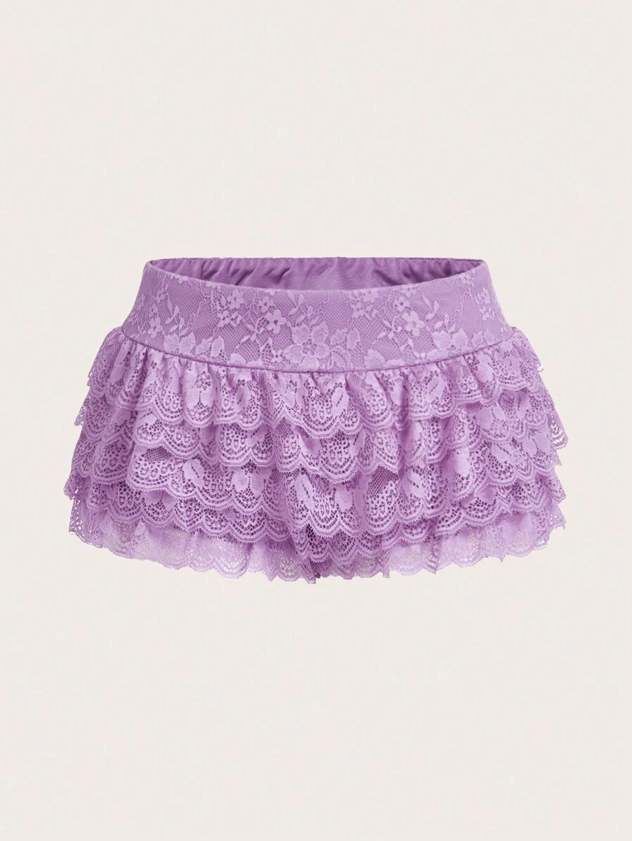 SHEIN ICON Y2k White Lace Overlay Shorts - Purple - View 1